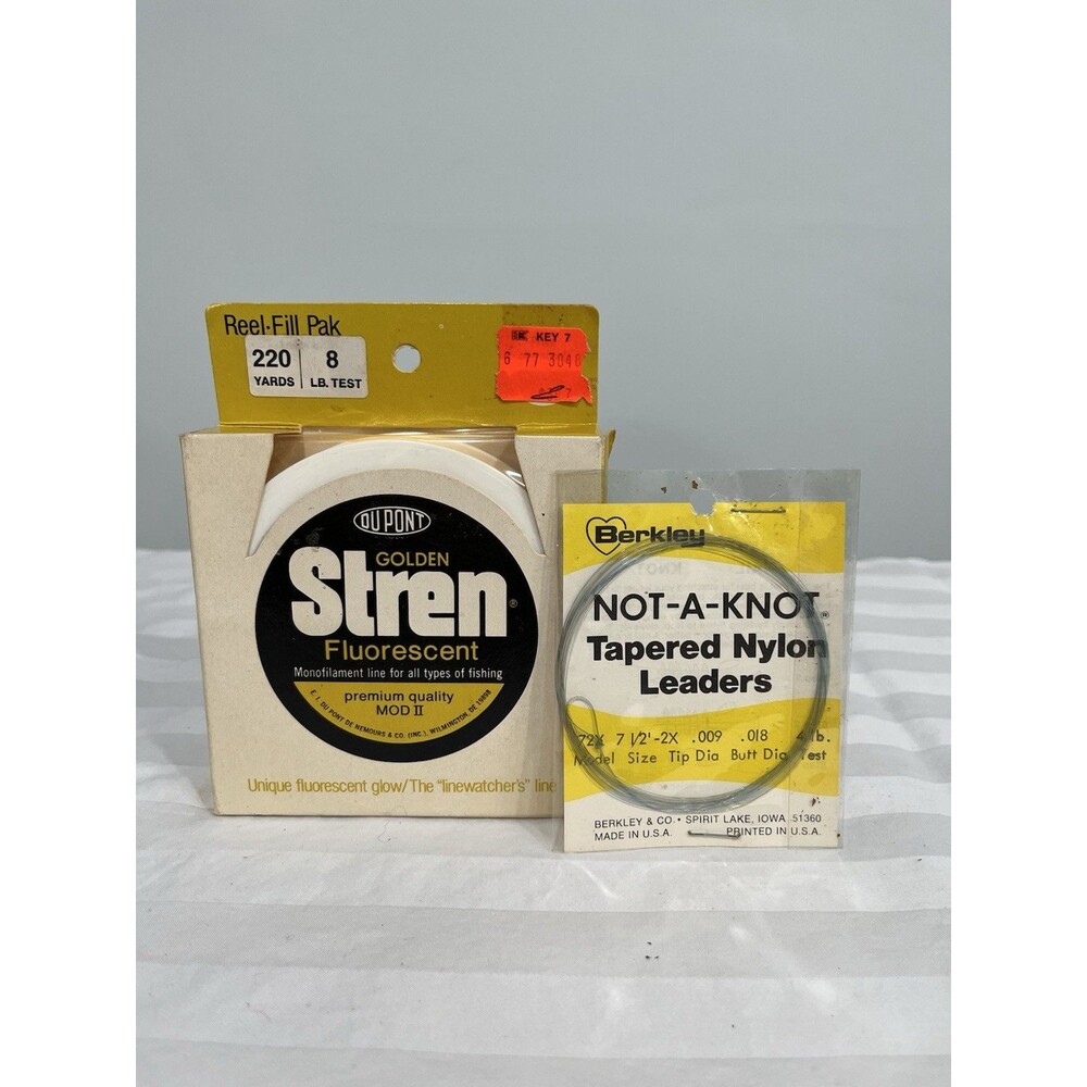 Vtg 80s DuPont STREN Golden Fluorescent Fishing Line 8lb NEW w/ Berkley Leaders